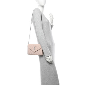 SAINT LAURENT Grain De Poudre Matelasse Chevron Monogram Chain Wallet Marble Pink