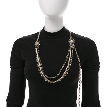 CHANEL Pearl Lambskin Chain CC Multi Strand Necklace Gold Black