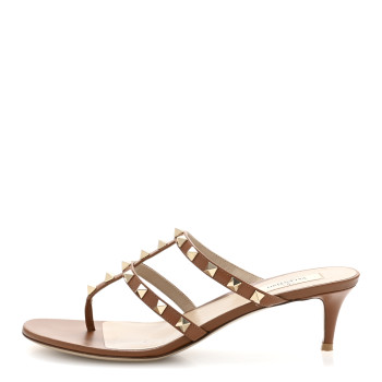 VALENTINO GARAVANI Calfskin Rockstud 50mm Flip Flop Thong Sandals 38 Saddle Brown