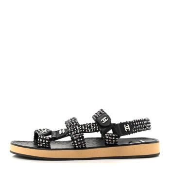 CHANEL Glittered Tweed Lambskin Dad Sandals 39 Black White