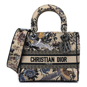 CHRISTIAN DIOR Canvas Embroidered Jardin D'Hiver Medium Lady D-Lite Beige Multicolor