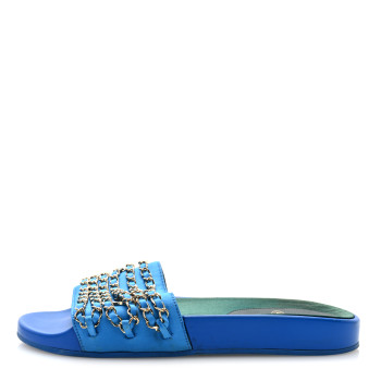 CHANEL Satin Canvas Chain Slides Sandals Flats 40 Blue