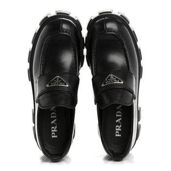 PRADA Spazzolato Rois Metal Triangle Logo Monolith 55mm Loafers 38 Black