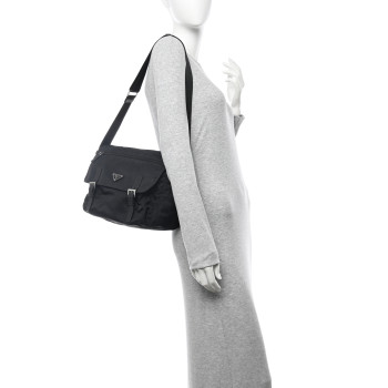 PRADA Tessuto Nylon Saffiano Double Buckle Messenger Shoulder Bag Black