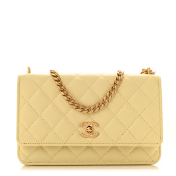 CHANEL Lambskin Quilted Sweet Camellia Wallet on Chain WOC Light Yellow