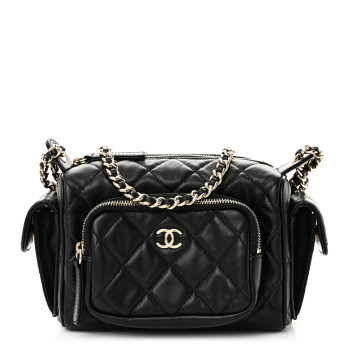 CHANEL Shiny Crumpled Lambskin Quilted Small Preppy Pocket Camera Case Black