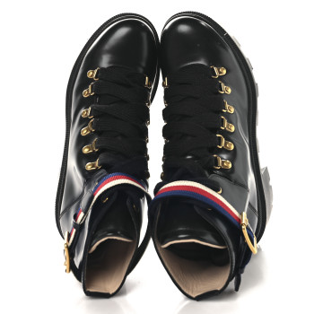 GUCCI Calfskin Sylvie Web Womens Lace Up Combat Boots 38.5 Black