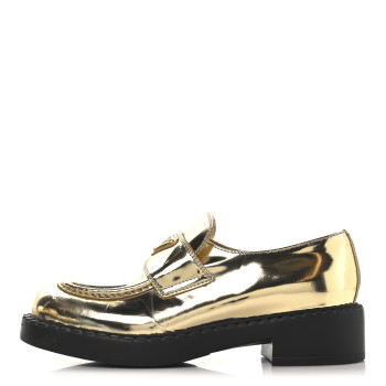 PRADA Metallic Brushed Calfskin Metal Triangle Logo 50mm Loafers 37.5 Platino