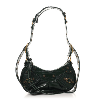 BALENCIAGA Extra Supple Calfskin Crocodile Embossed Le Cagole Shoulder Bag XS Forest Green