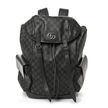 GUCCI GG Supreme Monogram Textured Dollar Calfskin Medium Ophidia Double Buckle Backpack Grey Black Graphite Grey