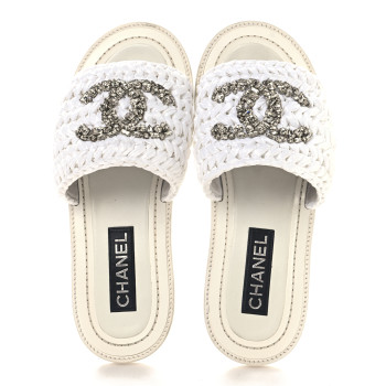 CHANEL Raffia Crystal CC Mules Sandals 39.5 White