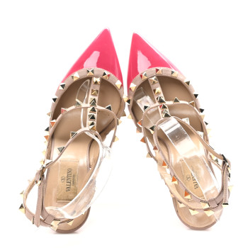 VALENTINO GARAVANI Patent Nappa Rockstud Ankle Strap 100mm Pumps 37.5 Pop Fuxia Poudre