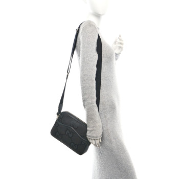 GUCCI Monogram Jumbo GG Textured Dollar Calfskin Web Messenger Shoulder Bag Black