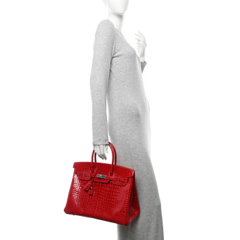 HERMES Shiny Porosus Crocodile Birkin 35 Rouge Casaque