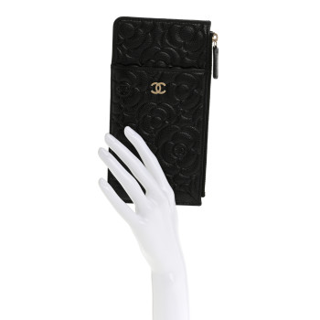CHANEL Caviar Camellia Embossed Classic Flat Wallet Pouch Black