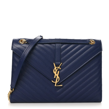SAINT LAURENT Grain De Poudre Matelasse Chevron Large Monogram Satchel Navy Blue