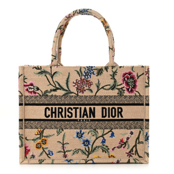 CHRISTIAN DIOR Raffia Embroidered Petites Fleurs Medium Book Tote Natural
