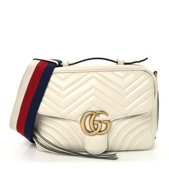 GUCCI Calfskin Matelasse Sylvie Web Small GG Marmont Top Handle Shoulder Bag White