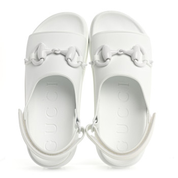 GUCCI Soft Rubber Horsebit Touch Womens Strapped Sandals 38 Great White