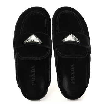 PRADA Velluto Metal Triangle Logo 20mm Flat Mules 35 Black