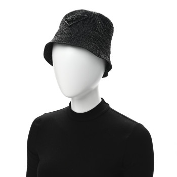 PRADA Yarn Raffia Effect Crochet Logo Embroidered Womens Bucket Hat S Black