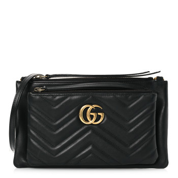 GUCCI Calfskin Matelasse Small GG Marmont Double Zip Shoulder Bag Black