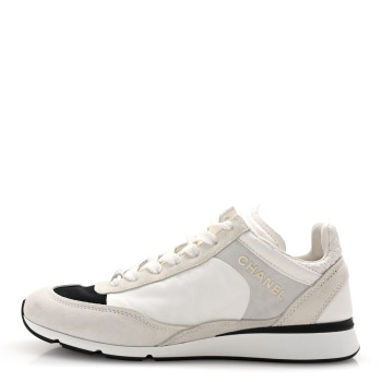 CHANEL Nylon Suede Kidskin Calfskin Logo Sneakers 37 White Black