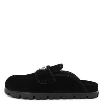PRADA Velluto Metal Triangle Logo 20mm Flat Mules 35 Black