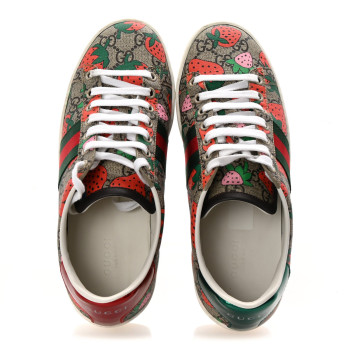 GUCCI GG Supreme Monogram Strawberry Web Womens Ace Sneakers 37 Beige Multicolor Red Green