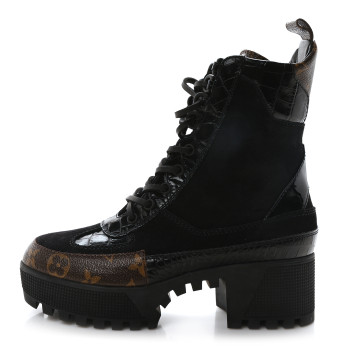 LOUIS VUITTON Suede Calfskin Monogram Laureate Platform Desert Boots 35.5 Black