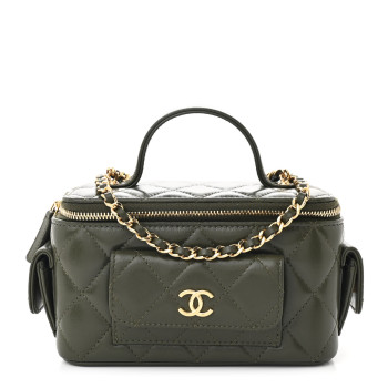 CHANEL Lambskin Quilted Polly Pocket East West Top Vanity With Chain Khaki