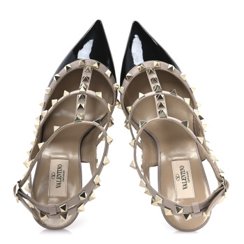 VALENTINO GARAVANI Patent Nappa Rockstud Ankle Strap 100mm Pumps 40 Black Poudre