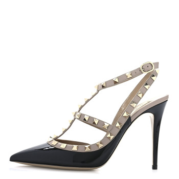 VALENTINO GARAVANI Patent Nappa Rockstud Ankle Strap 100mm Pumps 40 Black Poudre