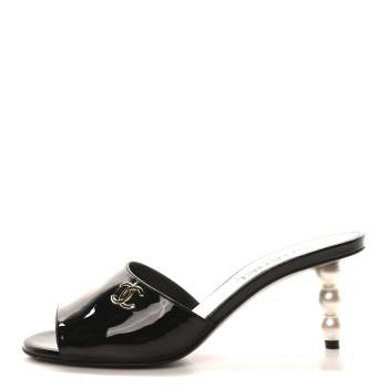 CHANEL Patent Lambskin Pearl Mules 37.5 Black