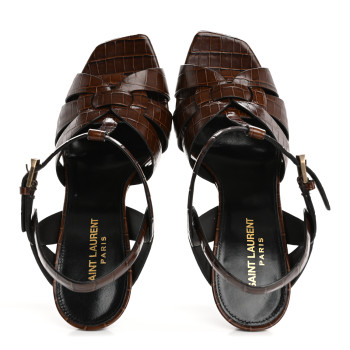 SAINT LAURENT Calfskin Crocodile Embossed Tribute 105 Sandals 39.5 Moro