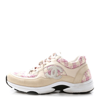 CHANEL Tweed Suede Calfskin Womens CC Sneakers 39 Pink Ecru