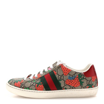 GUCCI GG Supreme Monogram Strawberry Web Womens Ace Sneakers 37 Beige Multicolor Red Green