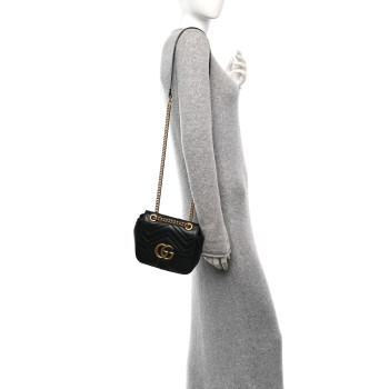 GUCCI Calfskin Matelasse Mini GG Marmont Square Shoulder Bag Black