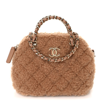 CHANEL Shearling Quilted Shiny Coco Clutch With Chain Dark Beige