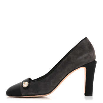 CHANEL Glitter Calfskin Grosgrain Cap Toe Pearl Pumps 36.5