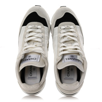 CHANEL Nylon Suede Kidskin Calfskin Logo Sneakers 37 White Black
