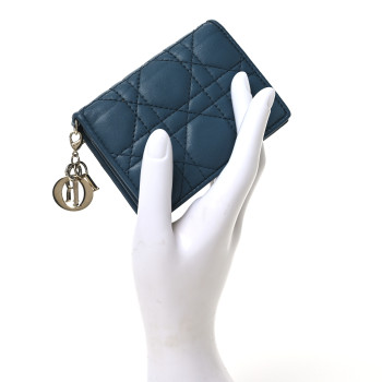 CHRISTIAN DIOR Lambskin Cannage Small Lady Dior Flap Card Holder Deep Ocean