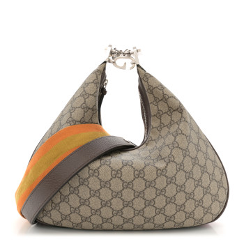 GUCCI GG Supreme Monogram Textured Calfskin Web Large Attache Shoulder Bag Beige Ebony New Acero