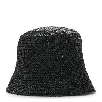 PRADA Yarn Raffia Effect Crochet Logo Embroidered Womens Bucket Hat S Black