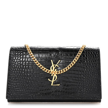 SAINT LAURENT Calfskin Crocodile Embossed Cassandre Wallet On Chain WOC Black