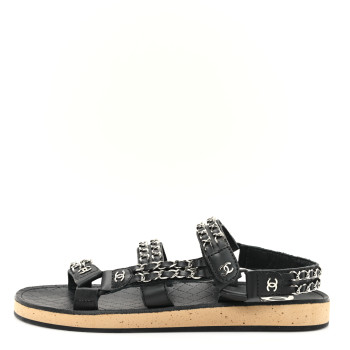 CHANEL Lambskin Chain Sandals 39 Black