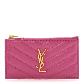 SAINT LAURENT Grain De Poudre Matelasse Chevron Monogram Fragments Zippered Card Case Fresh Fuxia