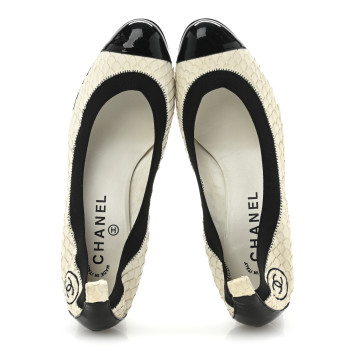CHANEL Snakeskin CC Elastic Cap Toe Ballerina Pumps 38 White Black