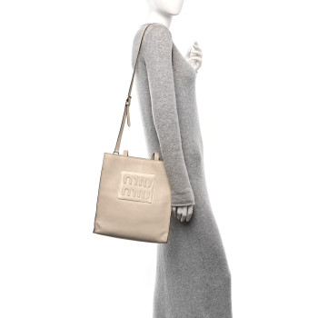 MIU MIU Goatskin Logo Embossed Shopping Tote Lino