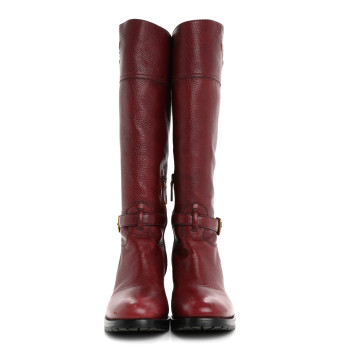 PRADA Calfskin Metal Logo Block Heel 65mm Knee Boots 39.5 Red
